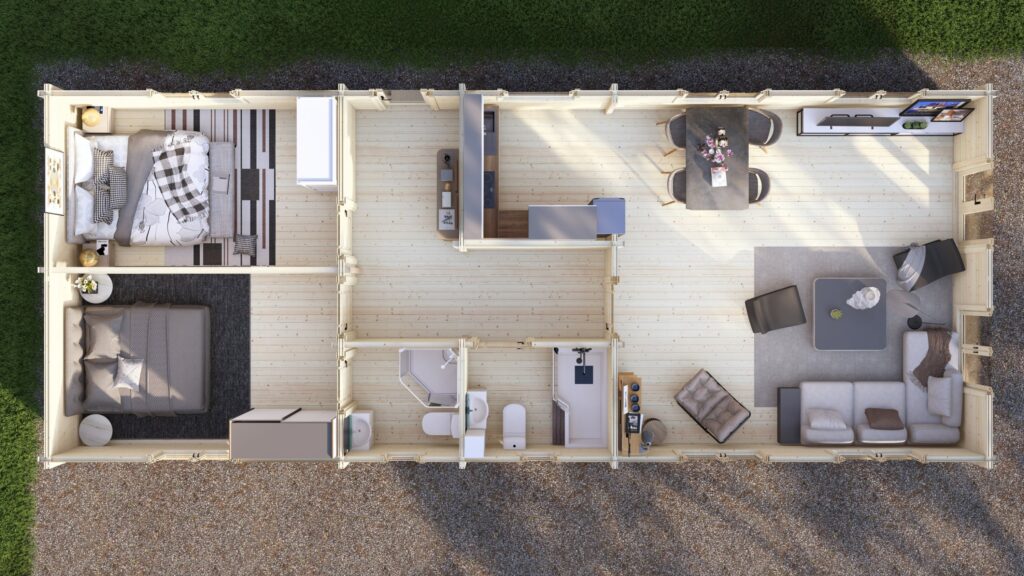 Planul casei parter din lemn lamelar Eurodita Mobile Log Home 15 x 6 m cu două dormitoare, vedere de sus