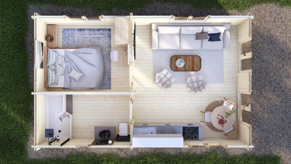 Planul casei parter din lemn lamelar Eurodita Mobile Log Home 8 x 5 m cu un dormitor, vedere de sus
