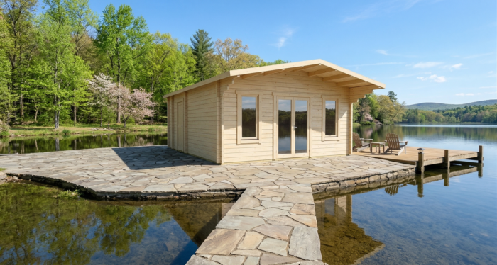 3D render of Glulam Apex Holiday Cabin 4.9x5.9 — a bespoke 28.5m² timber building with 70mm glue-laminated timber walls and apex (gable) roof, manufactured by Eurodita