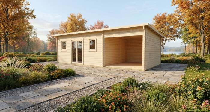 3D render of Pent Holiday Cabin 3.7x8.0 — a bespoke 29.7m² timber building with 44mm solid log walls and pent (mono-pitch) roof, manufactured by Eurodita