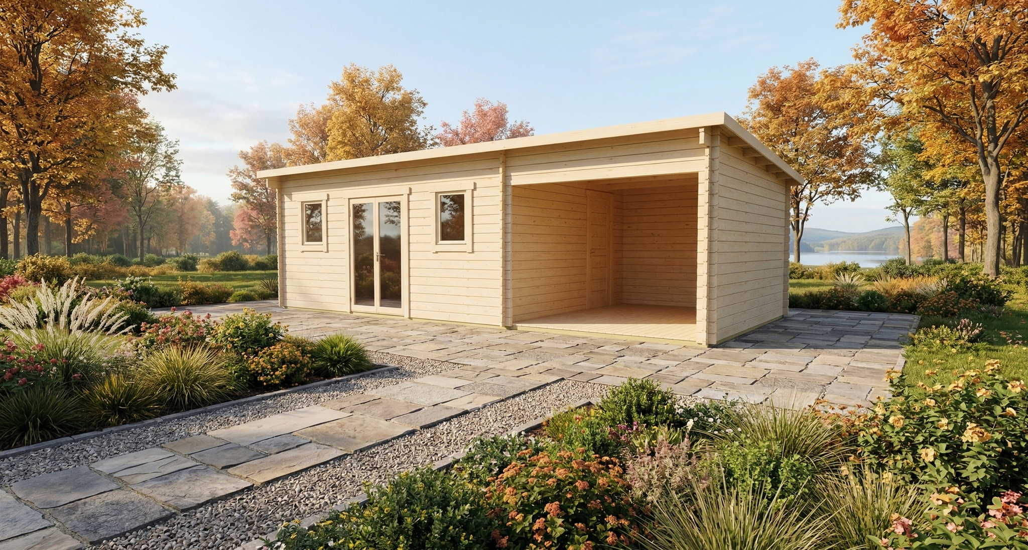 3D render of Pent Holiday Cabin 3.7x8.0 — a bespoke 29.7m² timber building with 44mm solid log walls and pent (mono-pitch) roof, manufactured by Eurodita