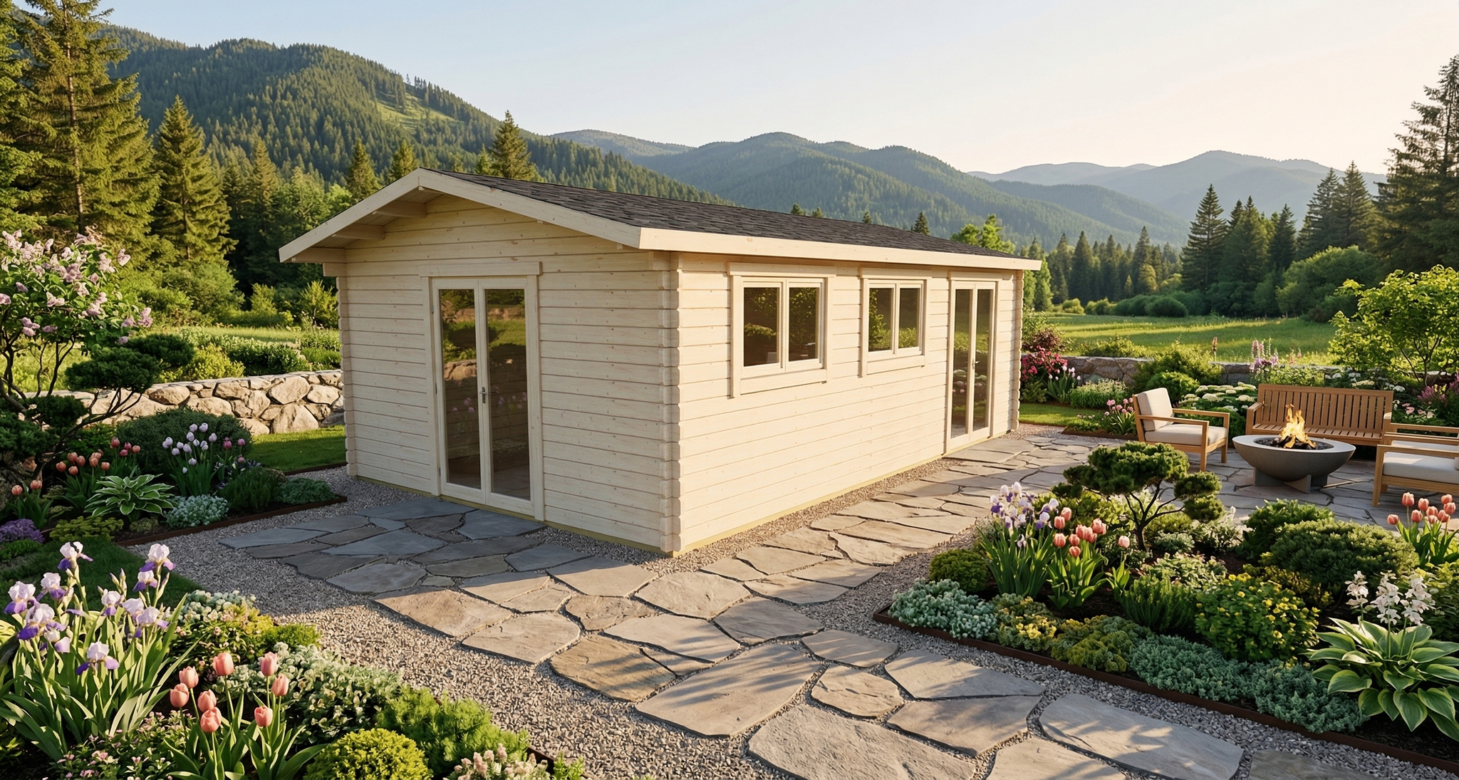 3D render of Apex Timber Lodge 4.1x6.7 — a bespoke 27.4m² timber building with 44mm solid log walls and apex (gable) roof, manufactured by Eurodita