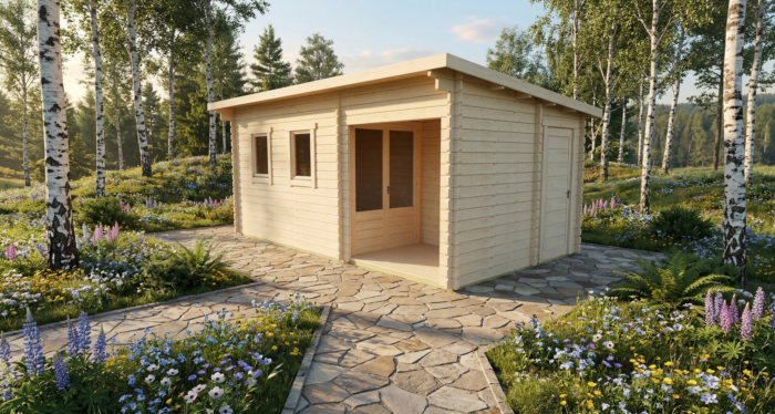 3D render of Pent Summer House 3.0x5.4 — a bespoke 16.2m² timber building with 44mm solid log walls and pent (mono-pitch) roof, manufactured by Eurodita