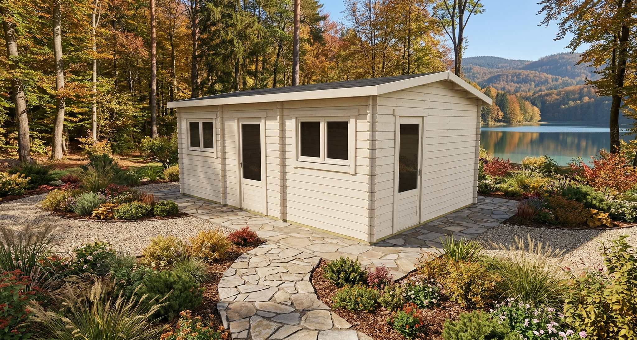 3D render of Apex Summer House 3.9x5.9 — a bespoke 23.1m² timber building with 44mm solid log walls and apex (gable) roof, manufactured by Eurodita