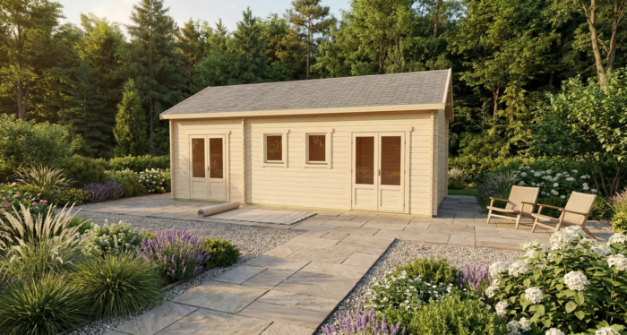 3D render of Glulam Apex Timber Lodge 4.0x7.5 — a bespoke 30m² timber building with 70mm glue-laminated timber walls and apex (gable) roof, manufactured by Eurodita