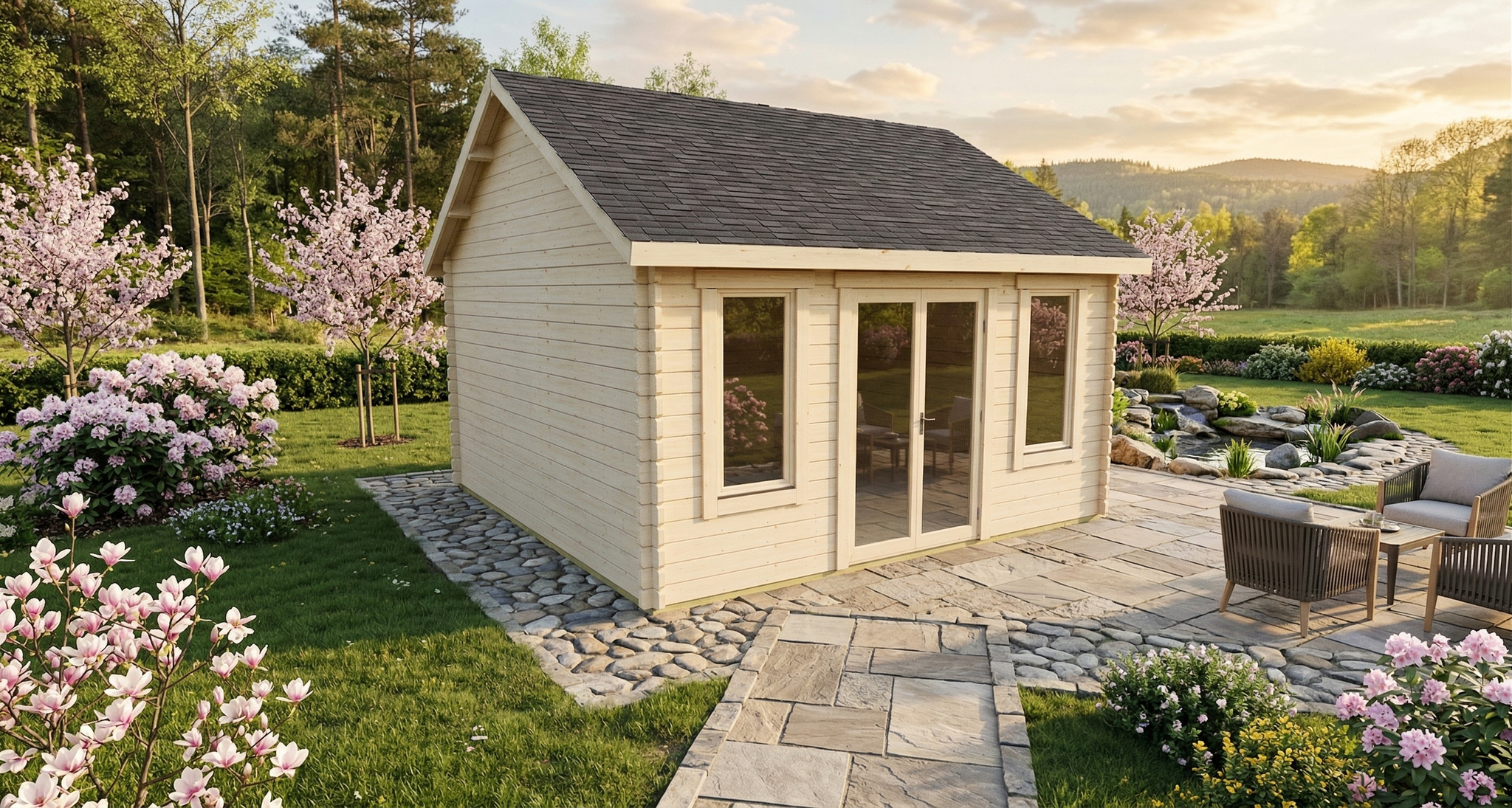 3D render of Apex Summer House 4.2x4.2 — a bespoke 17.7m² timber building with 44mm solid log walls and apex (gable) roof, manufactured by Eurodita