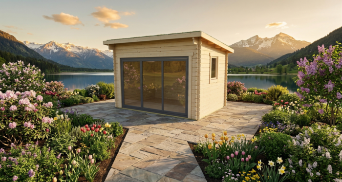 3D render of Garden Shed 2.4x3.4 — a bespoke 8.2m² timber building with 44mm solid log walls and pent (mono-pitch) roof, manufactured by Eurodita