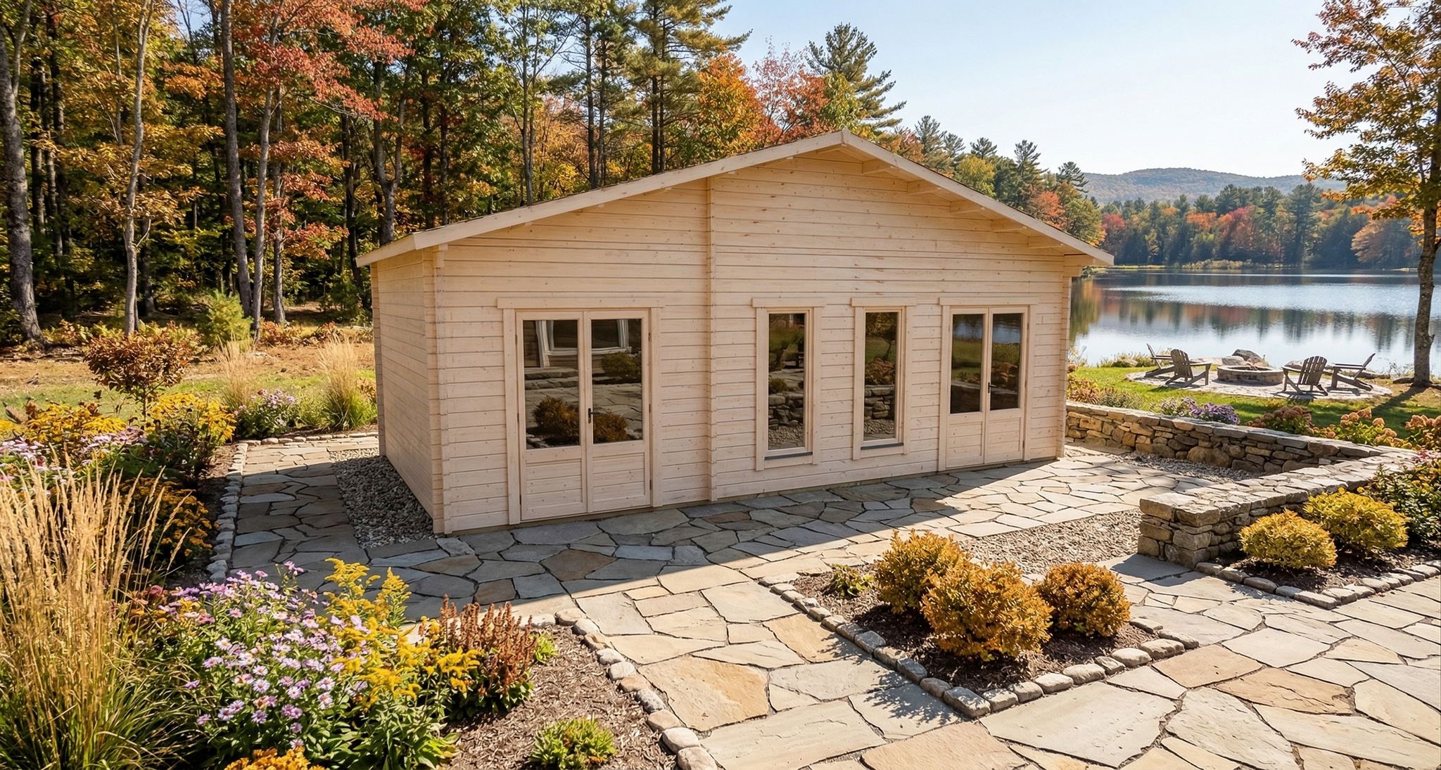 3D render of Glulam Apex Timber Lodge 7.5x4.0 — a bespoke 30m² timber building with 70mm glue-laminated timber walls and apex (gable) roof, manufactured by Eurodita