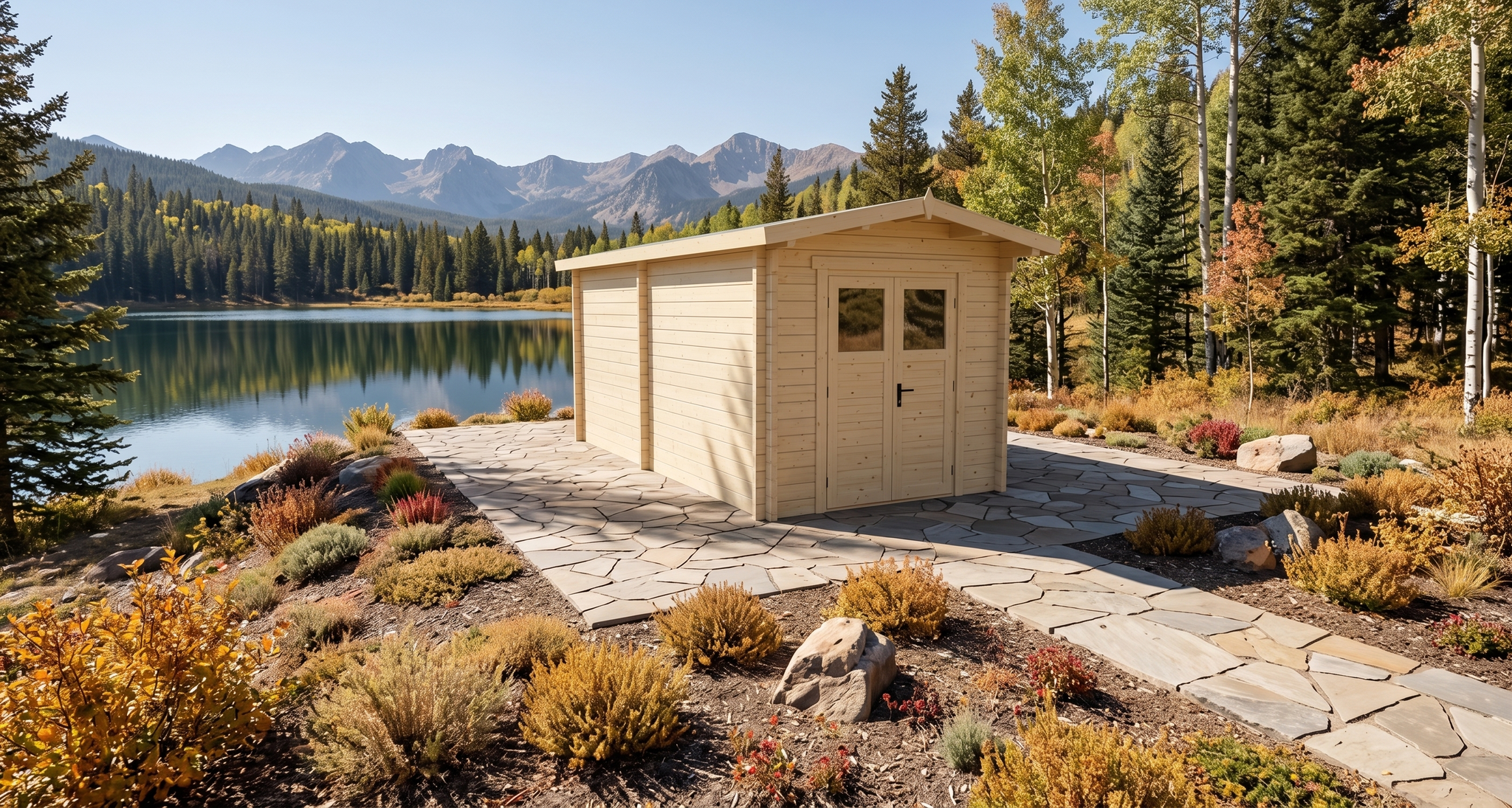 3D render of Glulam Garden Room 2.3x4.7 — a bespoke 10.5m² timber building with 70mm glue-laminated timber walls and apex (gable) roof, manufactured by Eurodita
