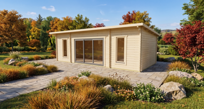 3D render of Glulam Pent Timber Lodge 3.4x7.7 — a bespoke 26.1m² timber building with 70mm glue-laminated timber walls and pent (mono-pitch) roof, manufactured by Eurodita