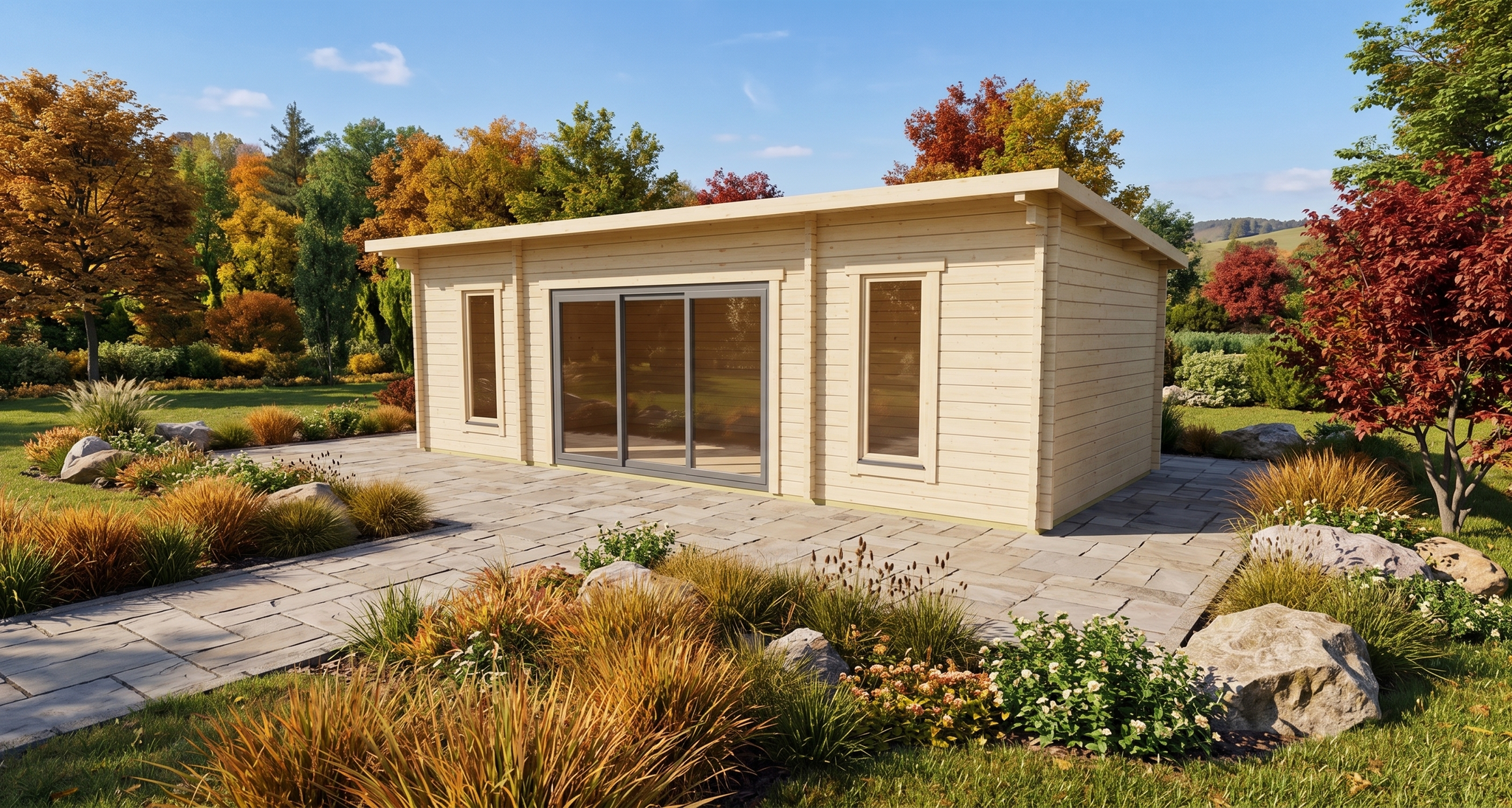 3D render of Glulam Pent Timber Lodge 3.4x7.7 — a bespoke 26.1m² timber building with 70mm glue-laminated timber walls and pent (mono-pitch) roof, manufactured by Eurodita