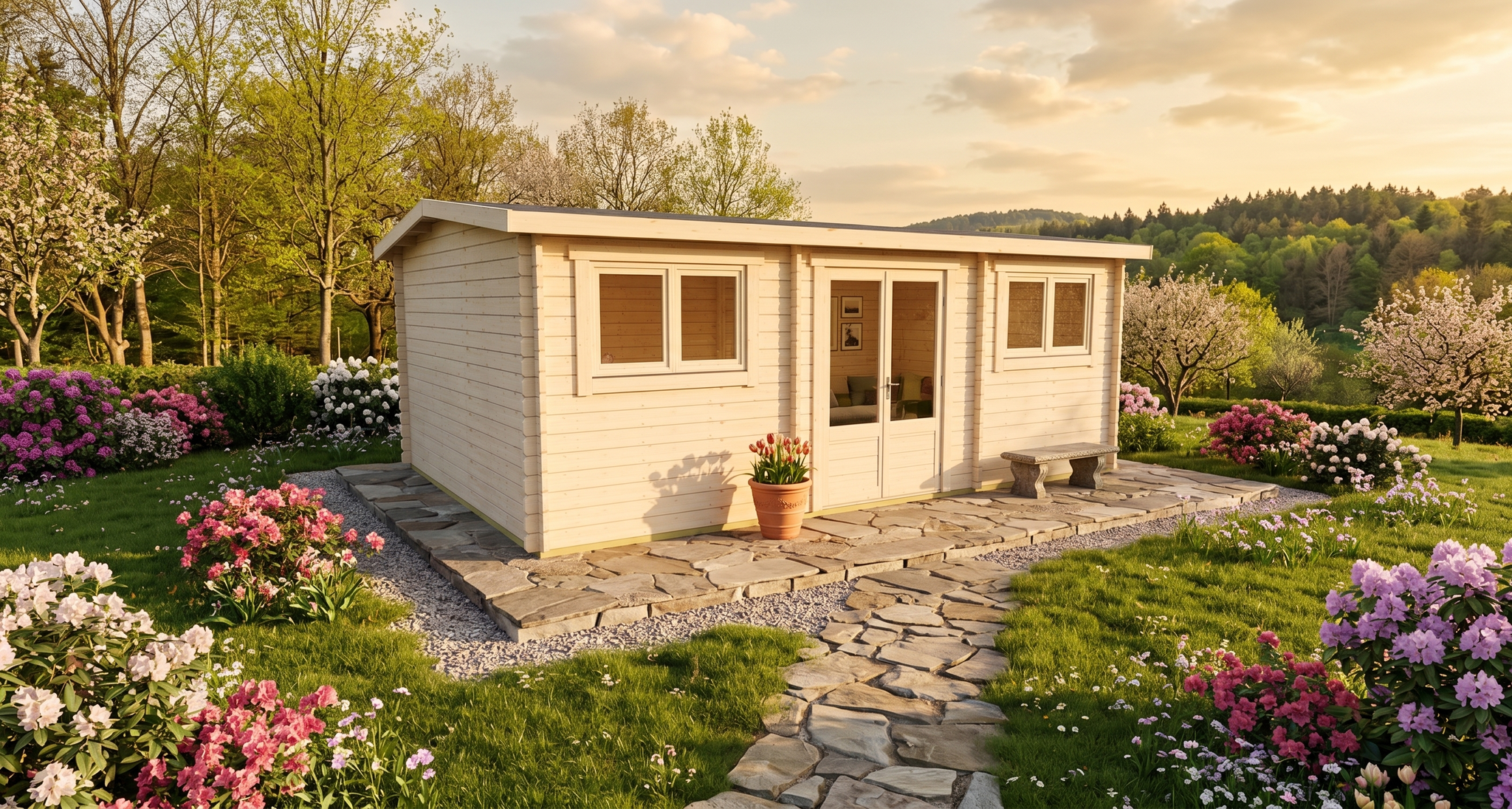 3D render of Apex Summer House 3.9x5.9 — a bespoke 23.1m² timber building with 44mm solid log walls and apex (gable) roof, manufactured by Eurodita