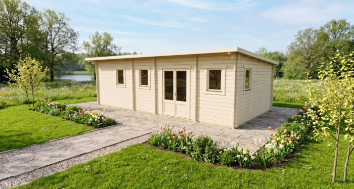 3D render of Glulam Pent Holiday Cabin 4.0x8.0 — a bespoke 32m² timber building with 70mm glue-laminated timber walls and pent (mono-pitch) roof, manufactured by Eurodita