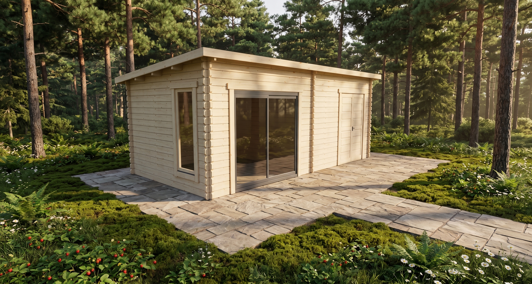 3D render of Pent Summer House 2.9x5.9 — a bespoke 17m² timber building with 44mm solid log walls and pent (mono-pitch) roof, manufactured by Eurodita