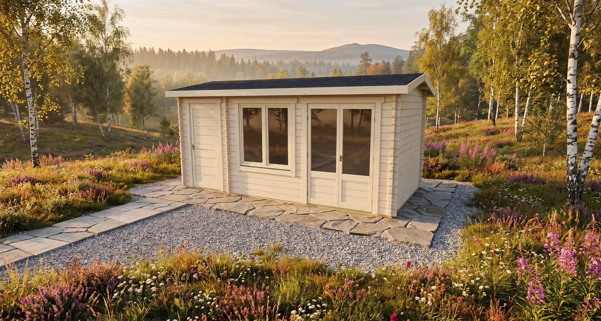 3D render of Garden Room 2.4x4.8 — a bespoke 11.6m² timber building with 44mm solid log walls and apex (gable) roof, manufactured by Eurodita