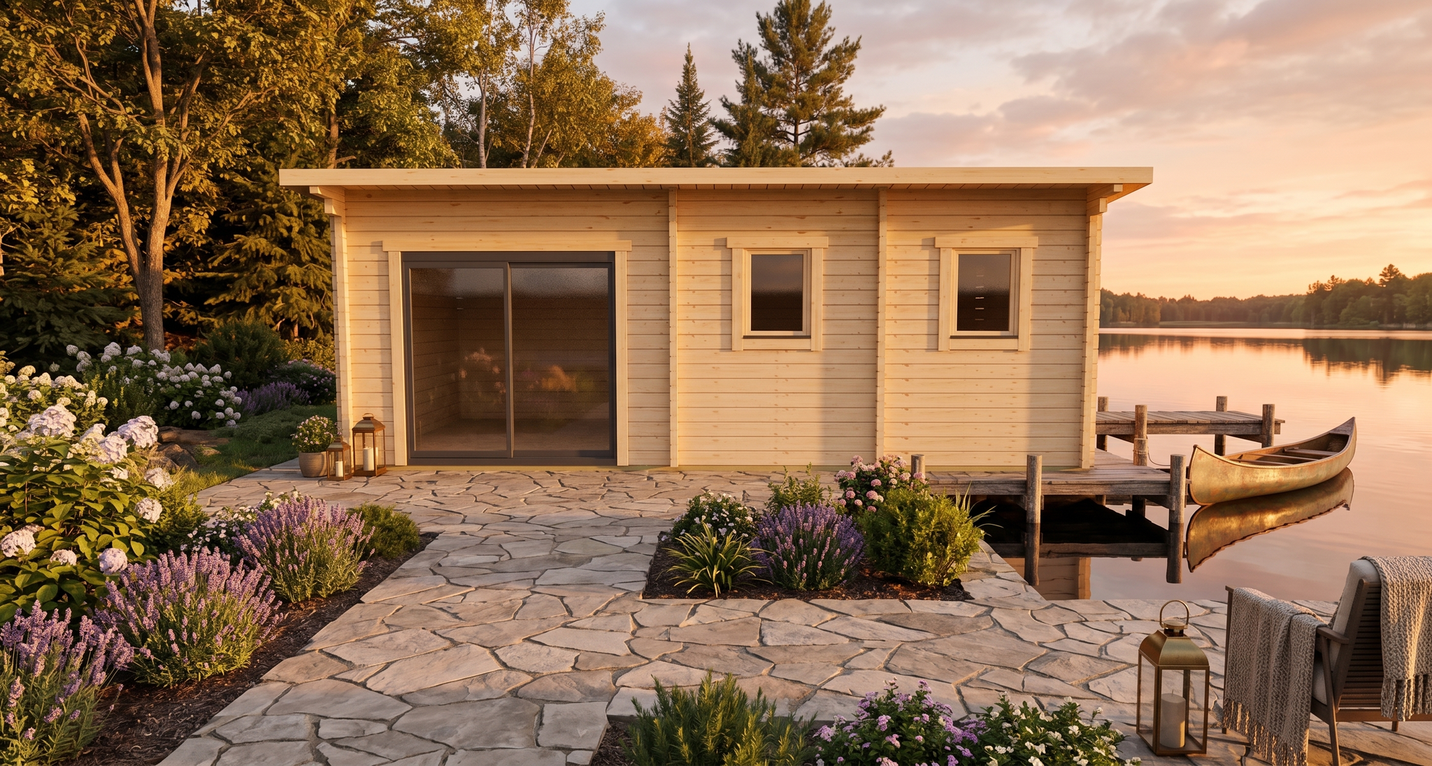 3D render of Glulam Pent Garden Room 3.0x6.5 — a bespoke 19.5m² timber building with 70mm glue-laminated timber walls and pent (mono-pitch) roof, manufactured by Eurodita