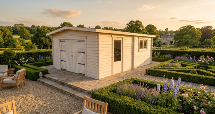 3D render of Apex Summer House 3.9x5.9 — a bespoke 23.1m² timber building with 44mm solid log walls and apex (gable) roof, manufactured by Eurodita