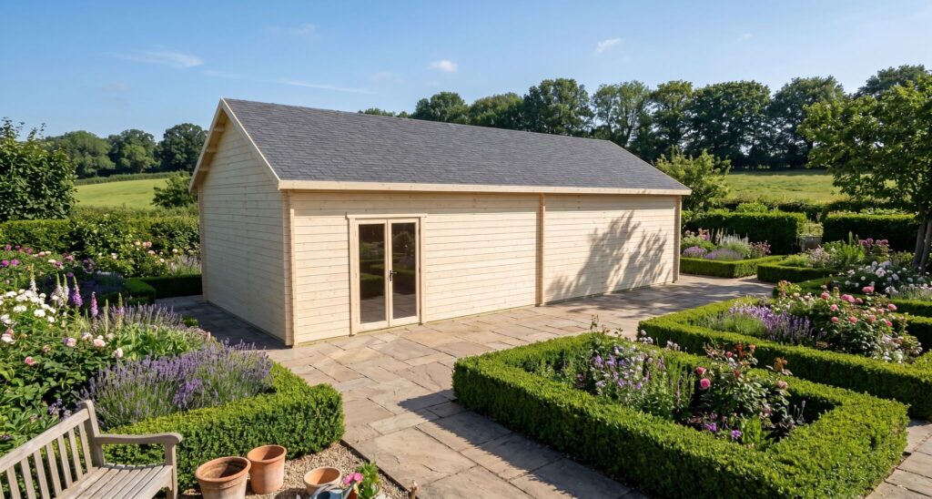 3D render of 70mm Solid Log Apex Residential Cabin 4.9x10.9 - a bespoke 52.8m2 timber building with 70mm solid log walls and apex (gable) roof, manufactured by Eurodita