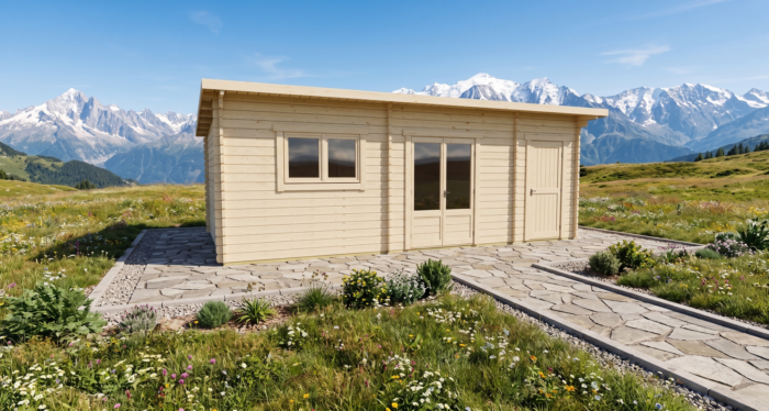3D render of Pent Summer House 3.7x6.7 — a bespoke 24.9m² timber building with 44mm solid log walls and pent (mono-pitch) roof, manufactured by Eurodita