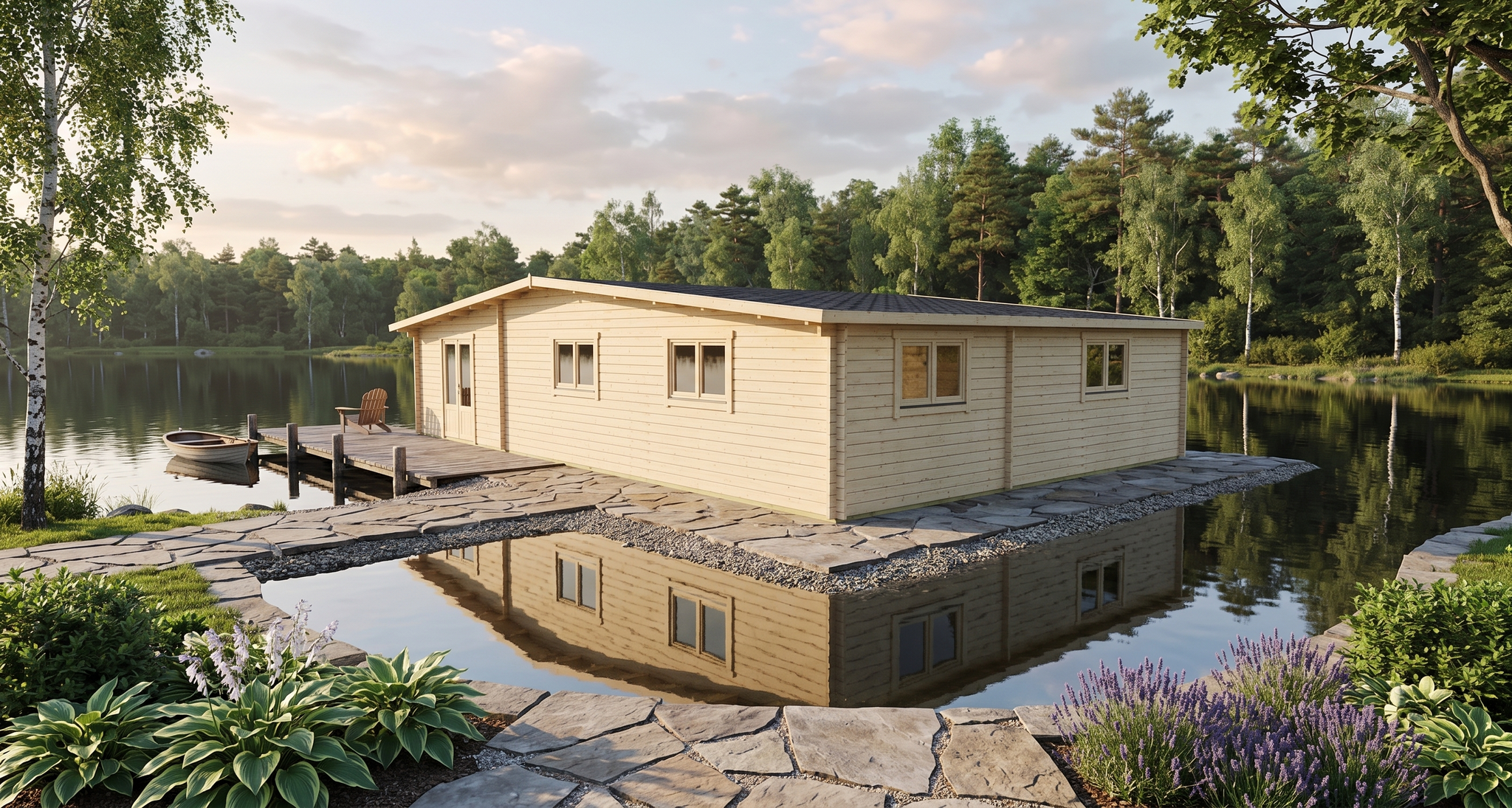 3D render of Apex Timber Residence 12.0x8.0 — a bespoke 96m² timber building with 58mm solid log walls and apex (gable) roof, manufactured by Eurodita