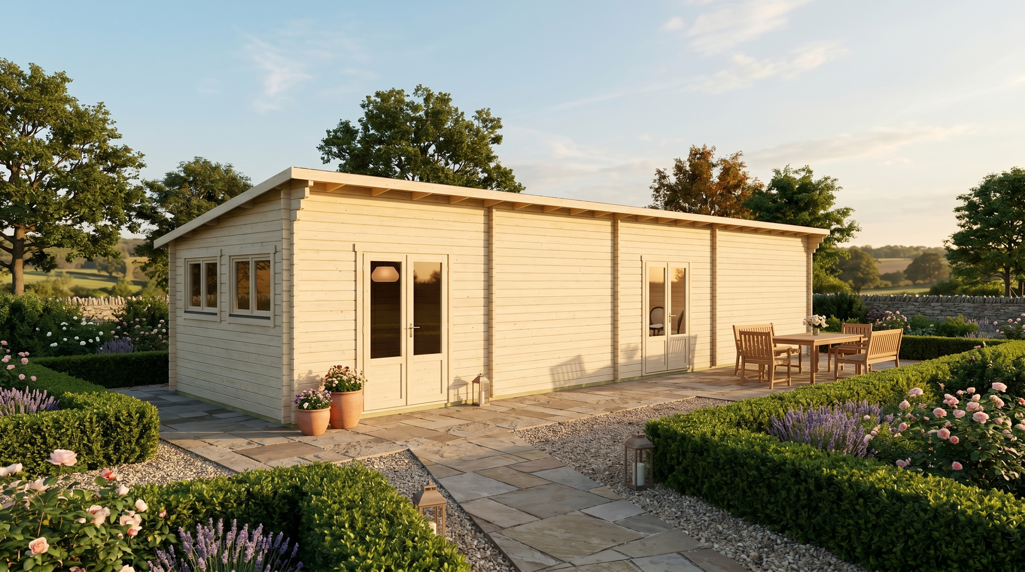 3D render of Glulam Pent Residential Cabin 3.7x17.7 — a bespoke 64.6m² timber building with 70mm glue-laminated timber walls and pent (mono-pitch) roof, manufactured by Eurodita