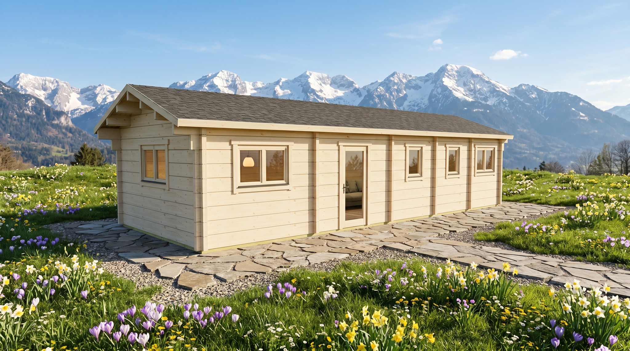 3D render of Glulam Apex Timber Lodge 3.8x11.5 — a bespoke 44.1m² timber building with 88mm glue-laminated timber walls and apex (gable) roof, manufactured by Eurodita