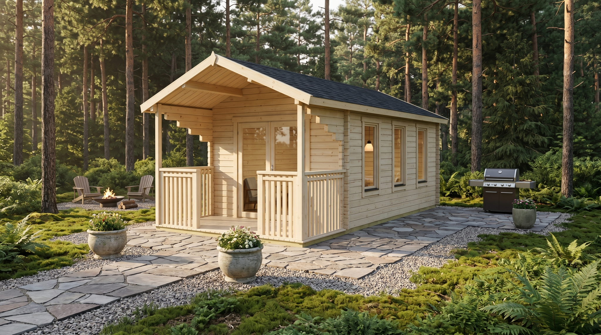 3D render of Glulam Garden Office 2.7x4.7 — a bespoke 12.4m² timber building with 70mm glue-laminated timber walls and apex (gable) roof, manufactured by Eurodita