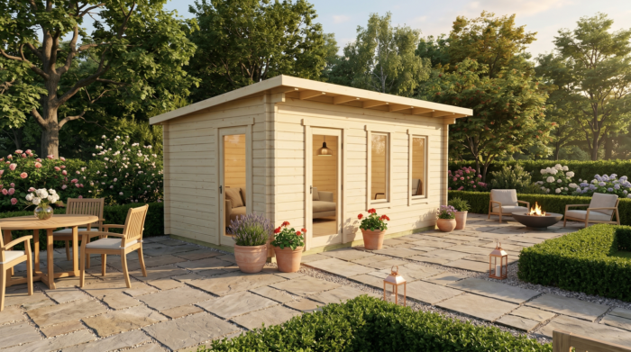 3D render of Glulam Garden Studio 3.0x5.0 — a bespoke 14.7m² timber building with 70mm glue-laminated timber walls and pent (mono-pitch) roof, manufactured by Eurodita