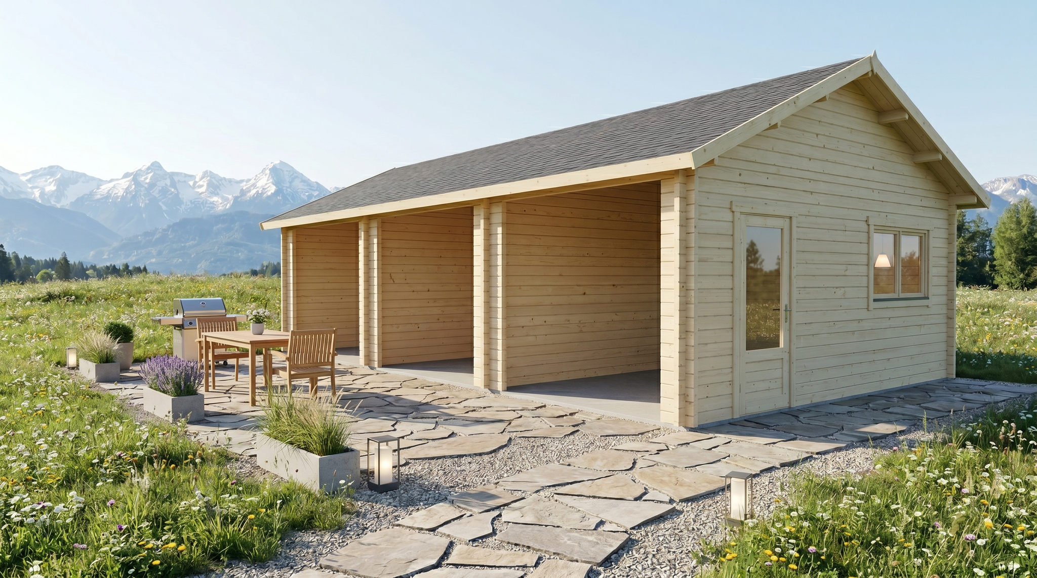 3D render of Glulam Apex Timber Garage 4.4x8.9 — a bespoke 38.6m² timber building with 70mm glue-laminated timber walls and apex (gable) roof, manufactured by Eurodita