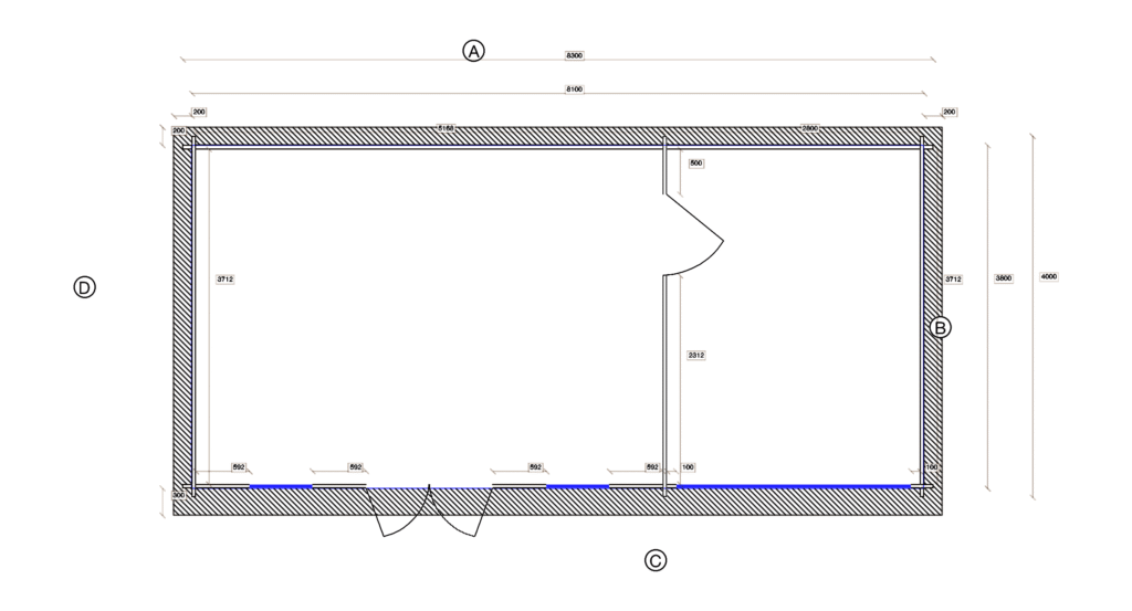 Floor plan of Pent Holiday Cabin 3.7x8.0, dimensioned drawing