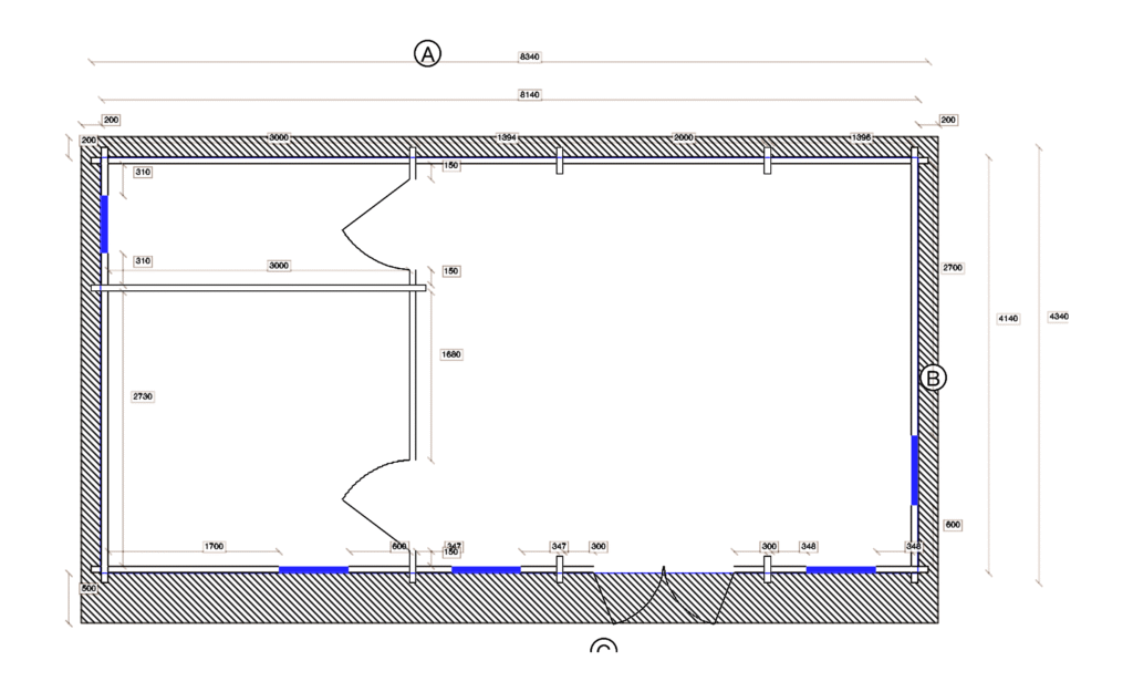 Floor plan of Pent Holiday Cabin 4.0x8.0, dimensioned drawing