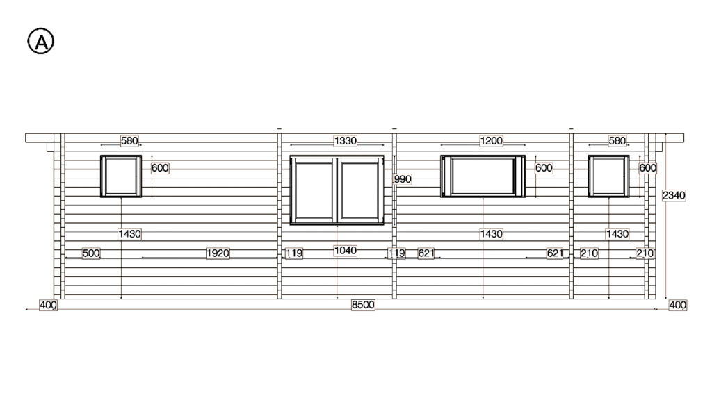 Elevation A of Apex Garden Office 8.5x8.5, dimensioned drawing