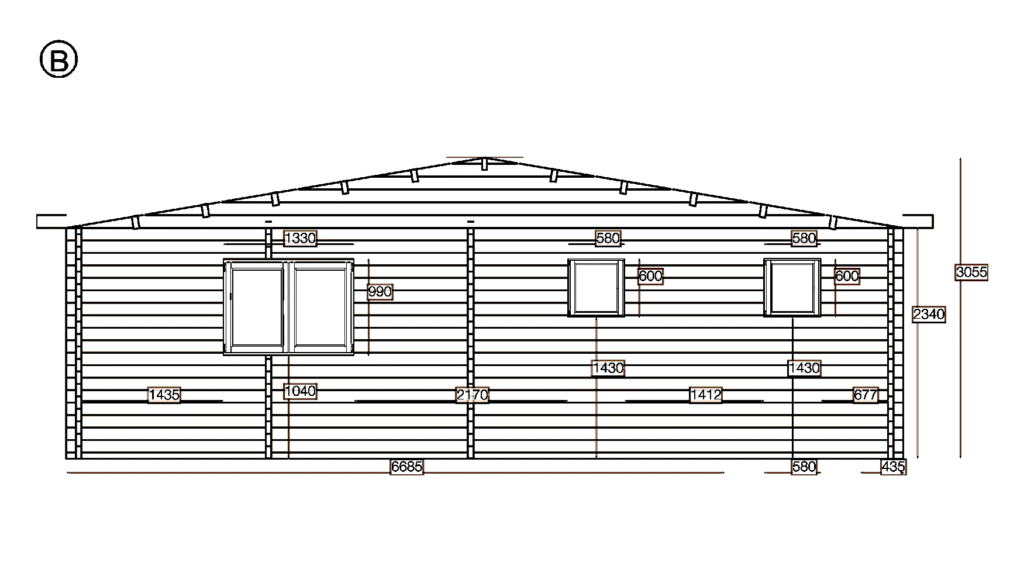 Elevation B of Apex Garden Office 8.5x8.5, dimensioned drawing