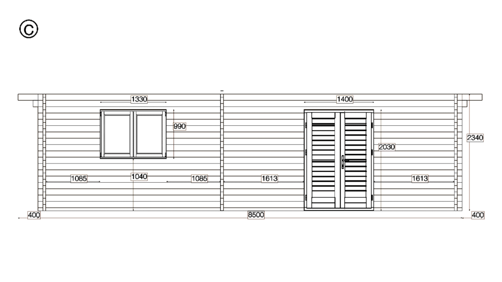 Elevation C of Apex Garden Office 8.5x8.5, dimensioned drawing
