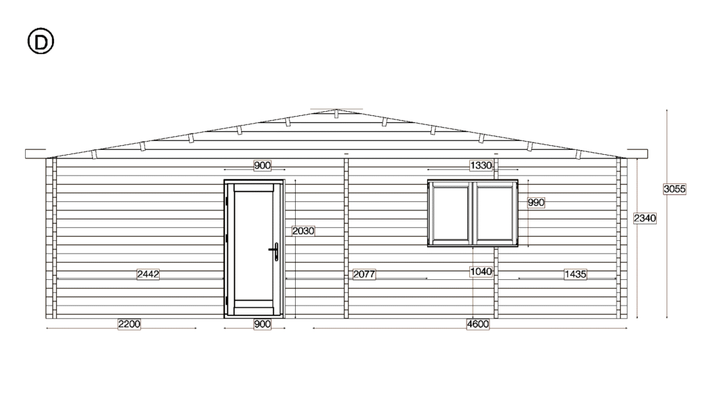 Elevation D of Apex Garden Office 8.5x8.5, dimensioned drawing