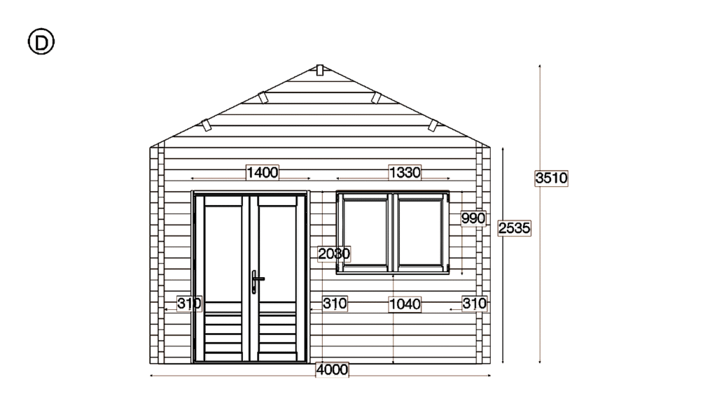 Elevation D of Apex Holiday Cabin 4.0x13.0, dimensioned drawing