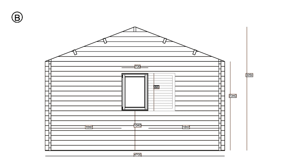 Elevation B of Apex Holiday Cabin 4.7x6.9, dimensioned drawing