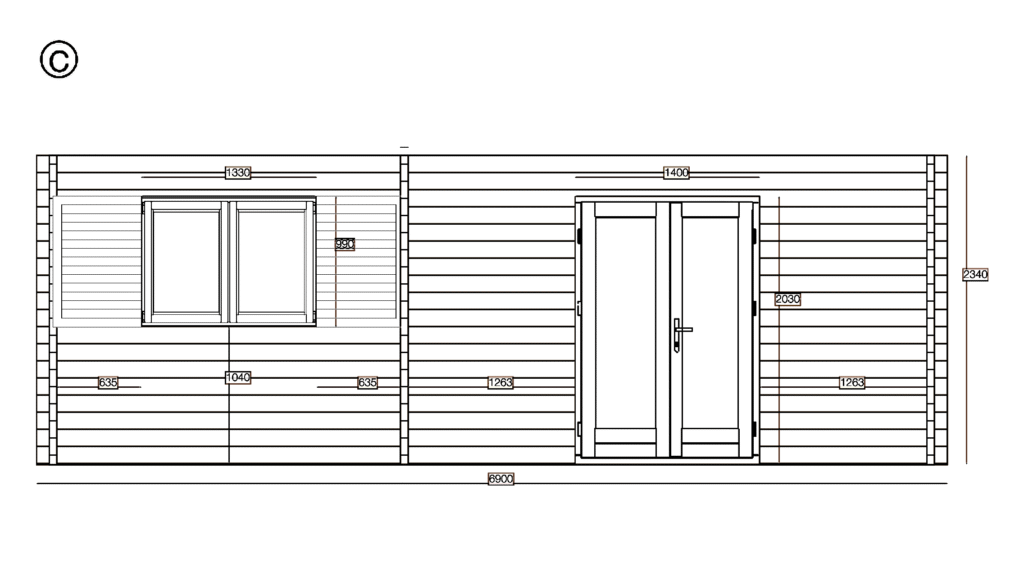 Elevation C of Apex Holiday Cabin 4.7x6.9, dimensioned drawing