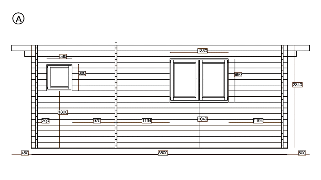Elevation A of Apex Holiday Cabin 5.0x5.8, dimensioned drawing