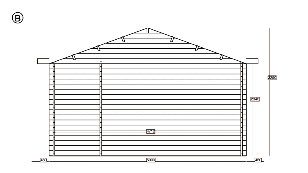 Elevation B of Apex Holiday Cabin 5.0x5.8, dimensioned drawing