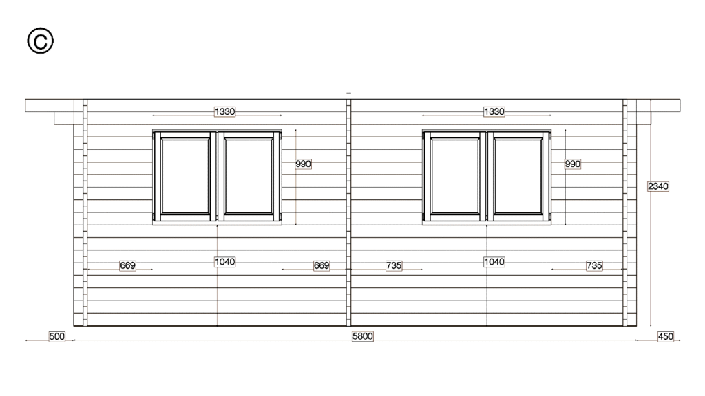 Elevation C of Apex Holiday Cabin 5.0x5.8, dimensioned drawing