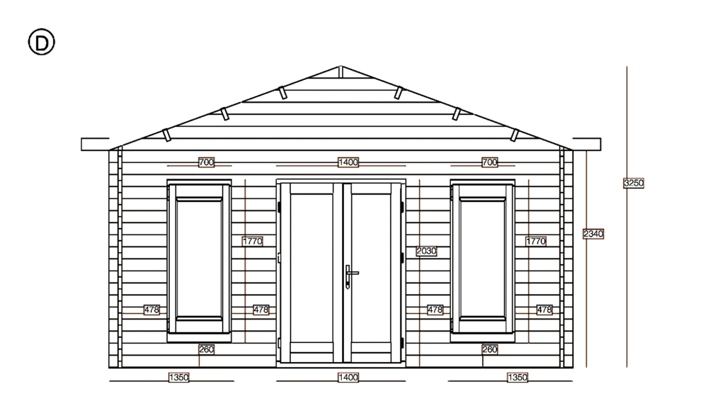 Elevation D of Apex Holiday Cabin 5.0x5.8, dimensioned drawing