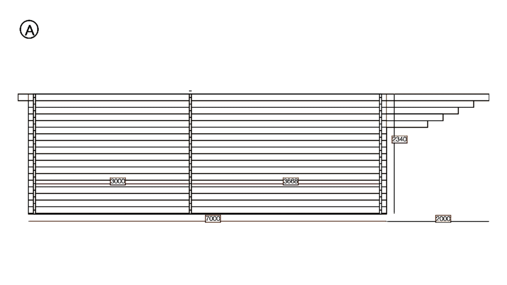Elevation A of Apex Holiday Cabin 5.0x7.0, dimensioned drawing