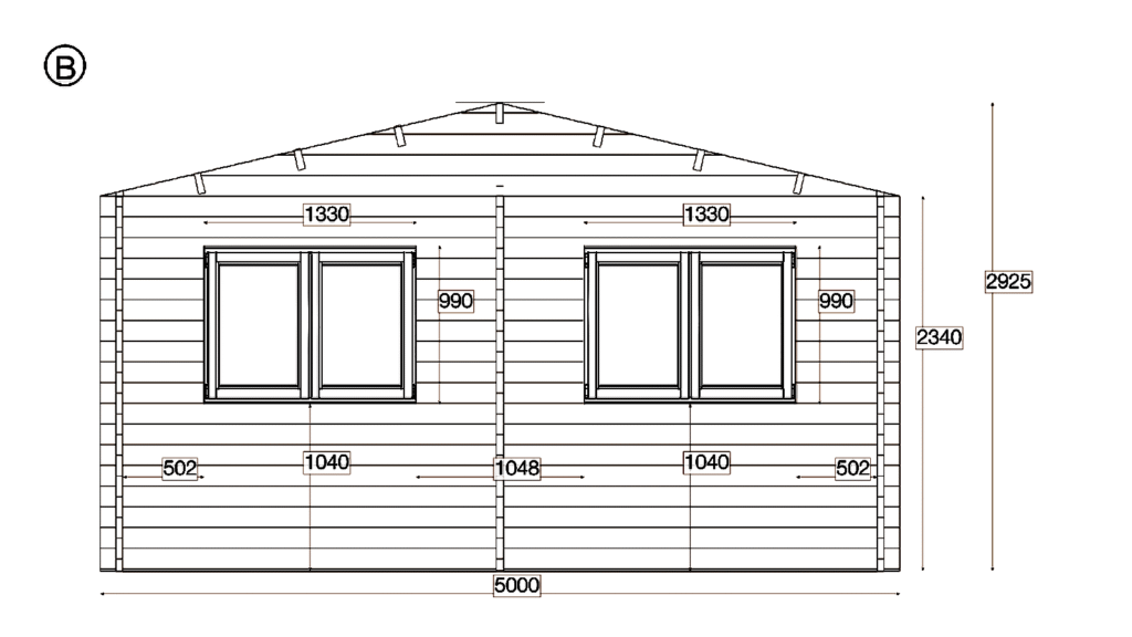 Elevation B of Apex Holiday Cabin 5.0x7.0, dimensioned drawing