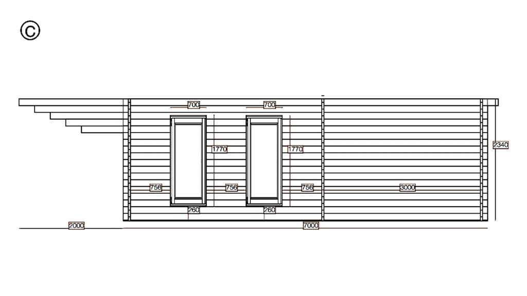 Elevation C of Apex Holiday Cabin 5.0x7.0, dimensioned drawing