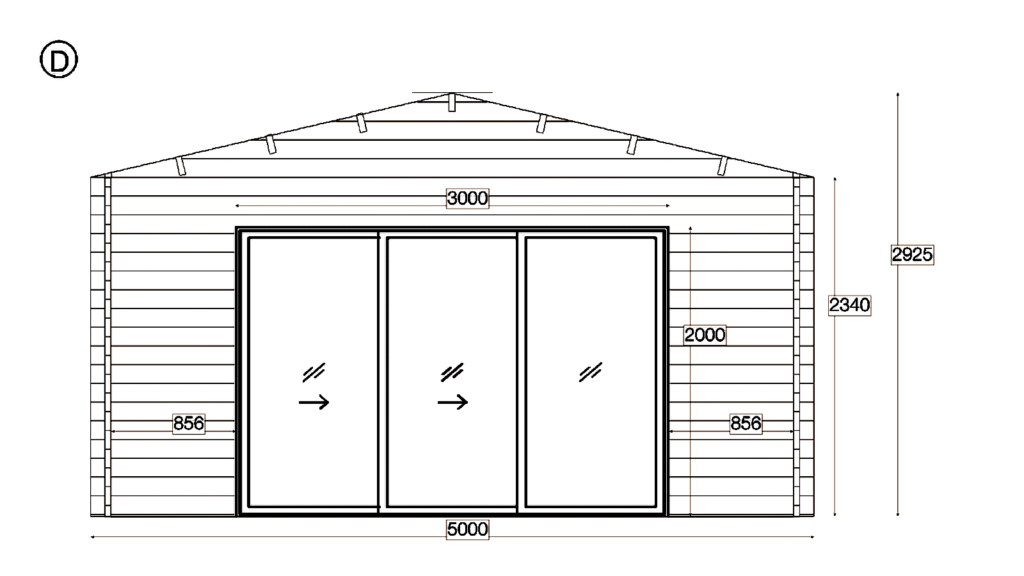 Elevation D of Apex Holiday Cabin 5.0x7.0, dimensioned drawing