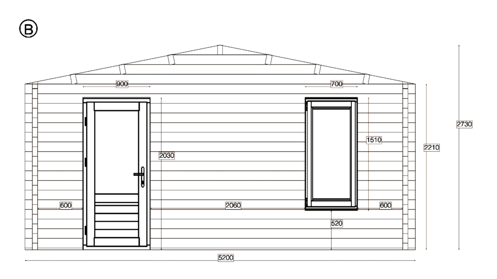 Elevation B of Apex Holiday Cabin 5.2x7.2, dimensioned drawing