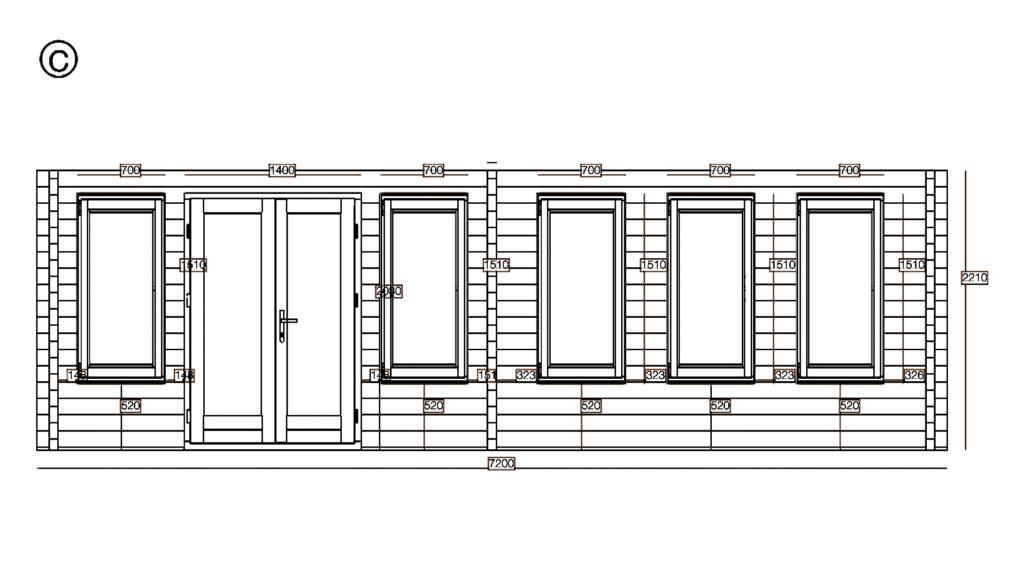 Elevation C of Apex Holiday Cabin 5.2x7.2, dimensioned drawing