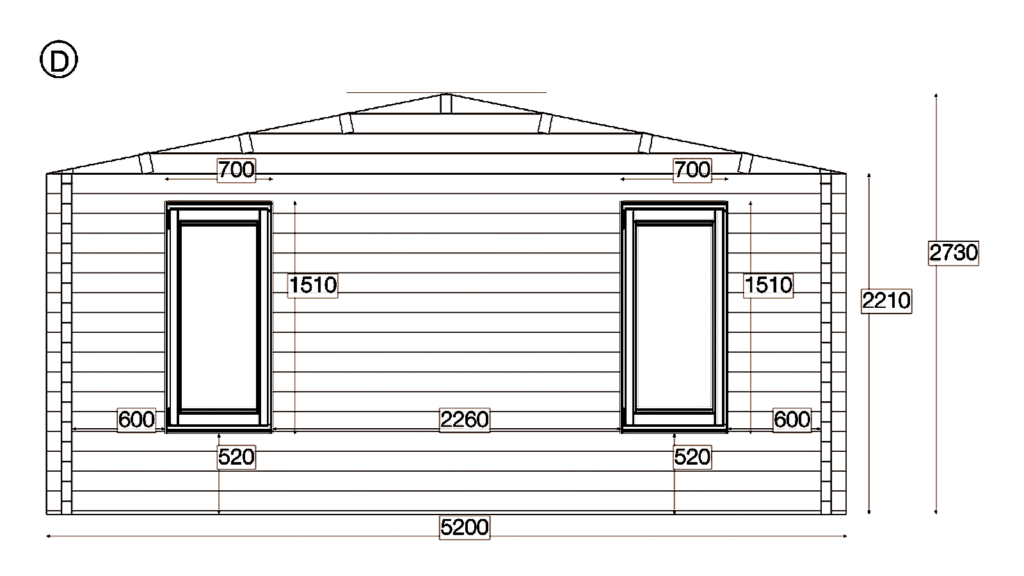 Elevation D of Apex Holiday Cabin 5.2x7.2, dimensioned drawing