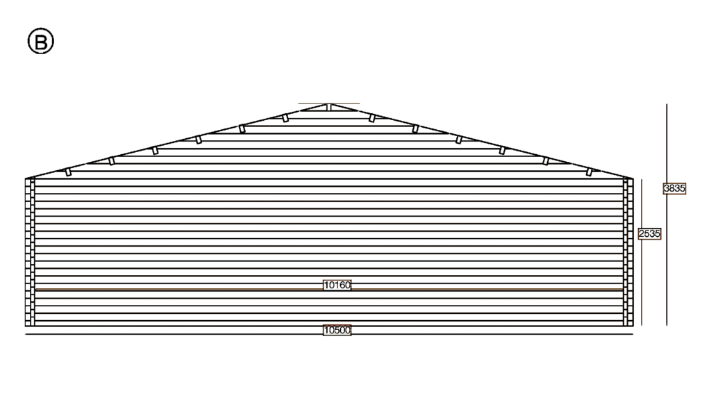 Elevation B of Apex Timber Lodge 10.5x5.0, dimensioned drawing